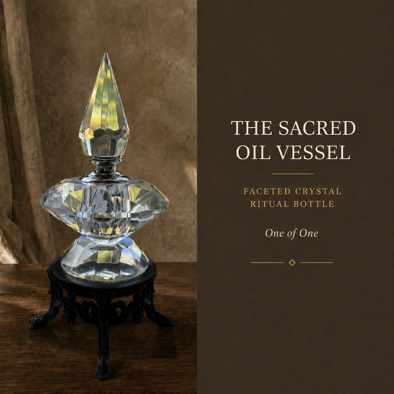 The Sacred Oil Vessel, a faceted crystal oil bottle with a fitted stopper
