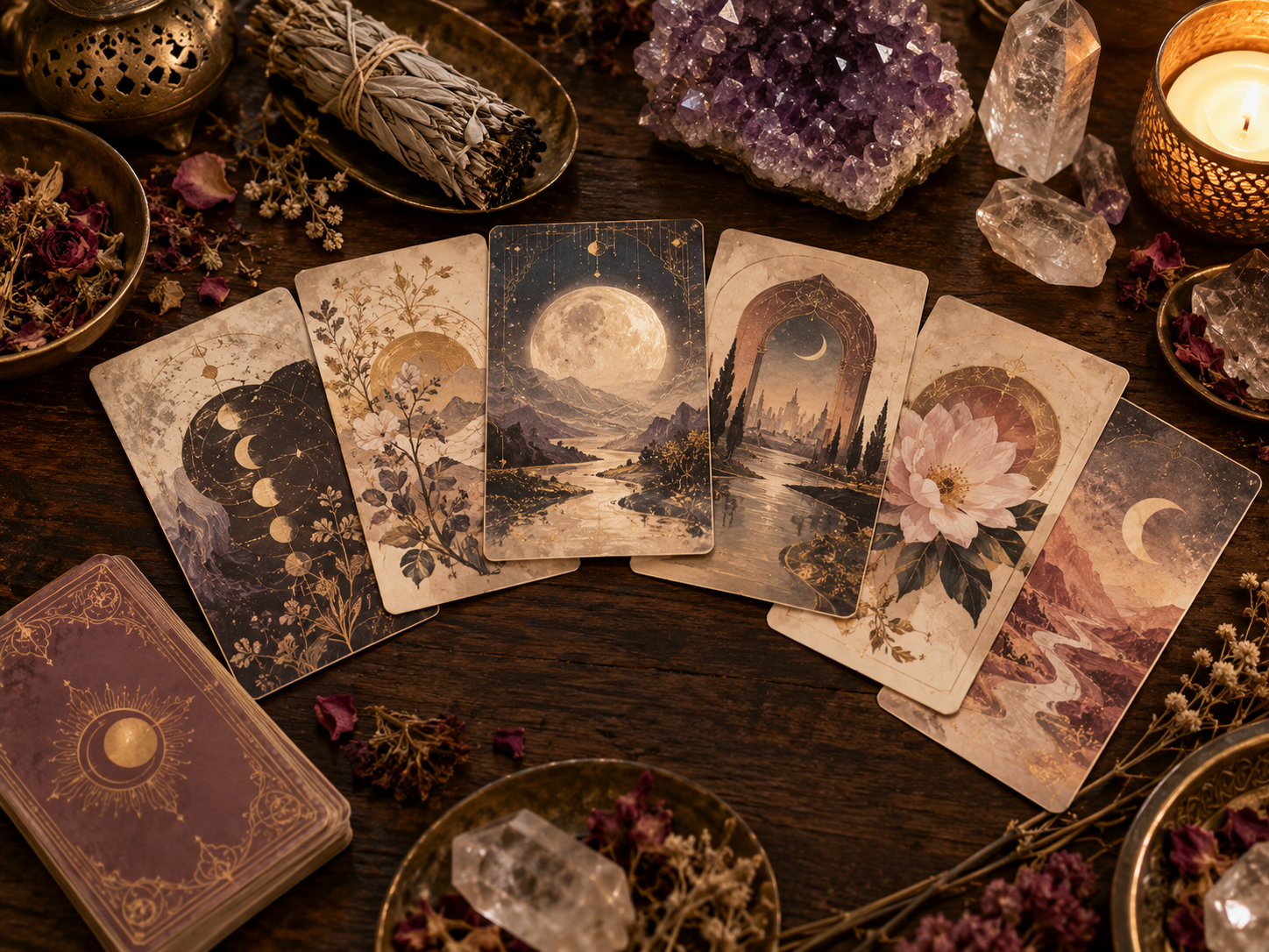 Oracle cards fanned across a candlelit table with sage, amethyst and clear quartz